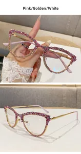 Detail of cat-eye glasses frame with pink gradient rhinestones and gold metal temples