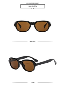 Detail view of fashion black frame sunglasses with tea lenses from front and side angles
