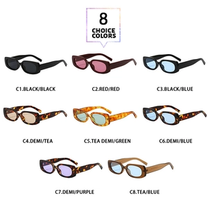 Detailed grid of 8 retro square sunglasses in various frame and lens color combinations