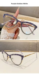 Detail of cat-eye glasses frame with purple and silver rhinestones and gold metal legs