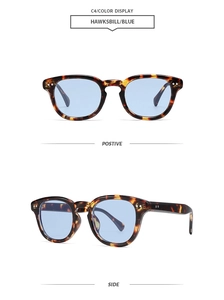 Détails de la monture en écaille avec verres bleus et accents de rivets métalliques