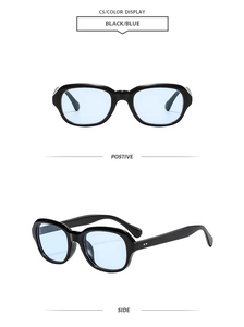 Detail view showing black frame and light blue lenses from front and side angles