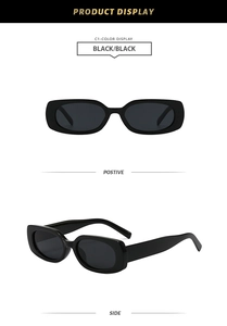Front and side display of retro square black sunglasses with wide frames and dark lenses