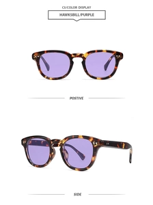 Détails de lunettes de soleil polygonales rétro avec monture écaillée et verres violets
