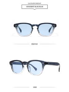 Détails des lunettes de soleil bleu dégradé avec monture polygonale et points métalliques