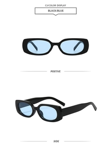 Front and side views of vintage square black sunglasses with light blue lenses