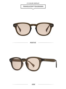 Vue détaillée des lunettes de soleil polygonales thé translucide avec verres marrons et décor