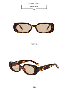 Detailed views of tortoise shell rectangle sunglasses with tea lenses and wide temples