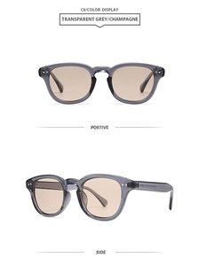 Détail de lunettes de soleil polygonales gris transparent avec verres couleur champagne