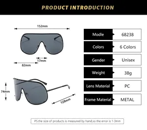 Detailed size chart for oversized shield sunglasses with PC lenses and metal frame