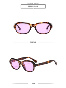 Front and side views of tortoise shell sunglasses with purple lenses and retro frames