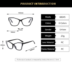 Detailed technical diagram of cat-eye frames with full measurements and PC material specs