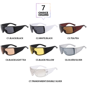 Matrix display of seven y2k oversized shield sunglasses in various trendy colors
