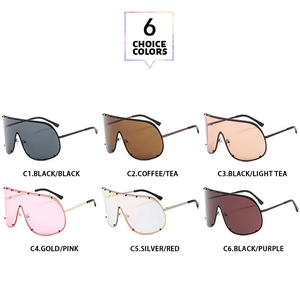 Detailed grid of oversized shield sunglasses showing rivet accents and diverse lens colors
