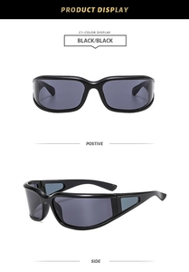 Vues de face et de profil de lunettes de soleil cyberpunk noires à branches ajourées