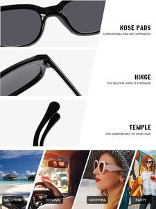 Detail view of the black sunglasses showing nose pads, hinge, and temple construction