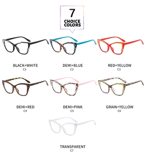 Flat lay of vintage cat eye glasses frames in seven trendy color combinations