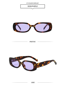 Detail view of retro rectangle tortoiseshell sunglasses with translucent purple lenses