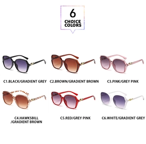 Detail showing square frame sunglasses in six colors with golden butterfly hinges