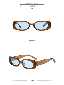 Front and side view of retro rectangle sunglasses with tea frames and blue lenses
