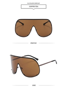 Detailed front and side views of oversized coffee lens sunglasses with stylish metal rivets