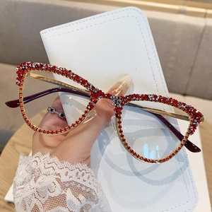 Fashion Cat Eye Rhinestone Glasses Frame Women Anti Blue Light Metal Full Rim Retro Luxury Bling Decorative Eyeglasses