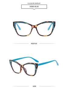 Detail of cat-eye glasses frame in demi and bright blue colors showing front and side views