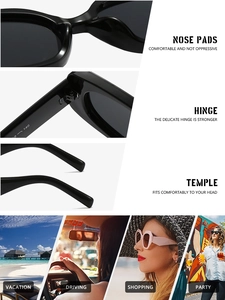 Detail view of square sunglasses showing metal hinges, nose pads and lifestyle usage scenarios