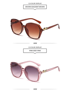 Detail view of square sunglasses with metal hinge accents and gradient lens finishes