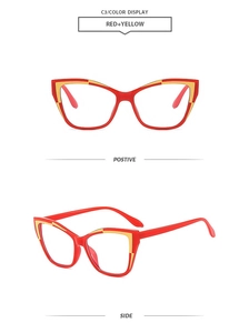 Detail view of cat eye glasses frames in red and yellow color contrast design
