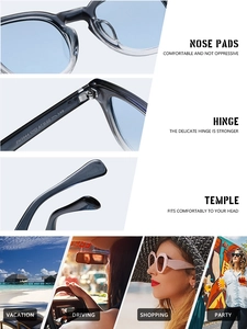 Détails des plaquettes, charnières et scènes de vie pour lunettes de soleil
