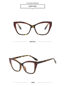 Detail view of cat eye glasses frames in retro tortoiseshell and red color block design