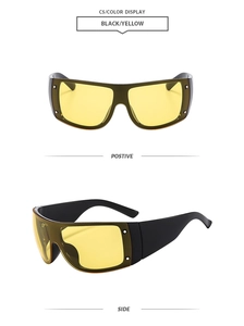Front and side views of matte black Y2K wraparound sunglasses with yellow lenses