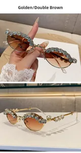 Detail of golden metal sunglasses frame with luxury rhinestone inlay and gradient brown lens