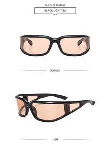 Vue détaillée des lunettes de soleil noires avec verres thé et branches ajourées