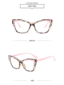 Detail view of cat eye glasses frames in demi and pink finish with multi-angle shots