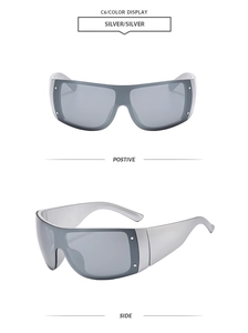 Detailed views of oversized silver sunglasses with mirror lenses and rivet accents