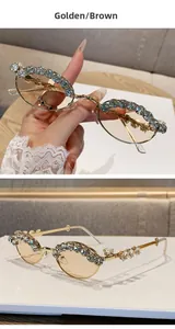 Detailed macro view of golden metal oval frame sunglasses with large crystal rhinestones
