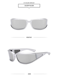 Vues détaillées de face et de côté de lunettes de soleil argentées Y2K au style futuriste