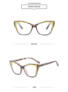 Detail view of cat eye frames in vintage grain and yellow color blocking contrast