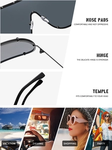 Detail view of comfortable silicone nose pads and sturdy metal hinges on large sunglasses