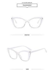 Detailed front and side view of transparent cat eye glasses frames with a glossy finish