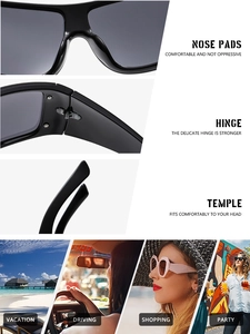 Detail of integrated nose pads, metal hinges and curved temples of oversized sunglasses
