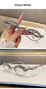 Detail view of silver oval sunglasses frame with inlaid rhinestones and chic metal accents