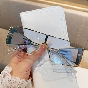 Fashionable oversized gold metal square sunglasses with light blue lenses for women