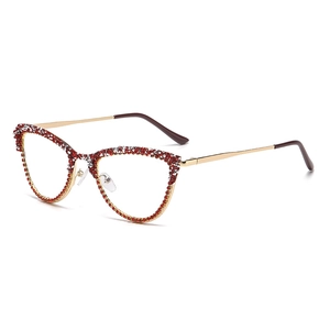 Fashionable gold cat eye glasses frame with red and white rhinestones for women