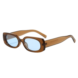 Minimalist square sunglasses with translucent brown frames and light blue lenses