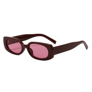 Retro rectangle sunglasses with burgundy frames and translucent pink lenses for fashion