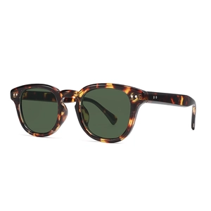 Lunettes de soleil polygonales avec monture écaillée et verres vert foncé, vue de 45 degrés