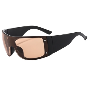 Chic oversized one-piece wrap sunglasses with matte black frames and brown lenses
